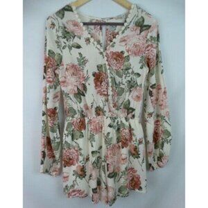 Haute Monde Women's Romper Size Medium Pink Floral Shorts Long Sleeve Outfit